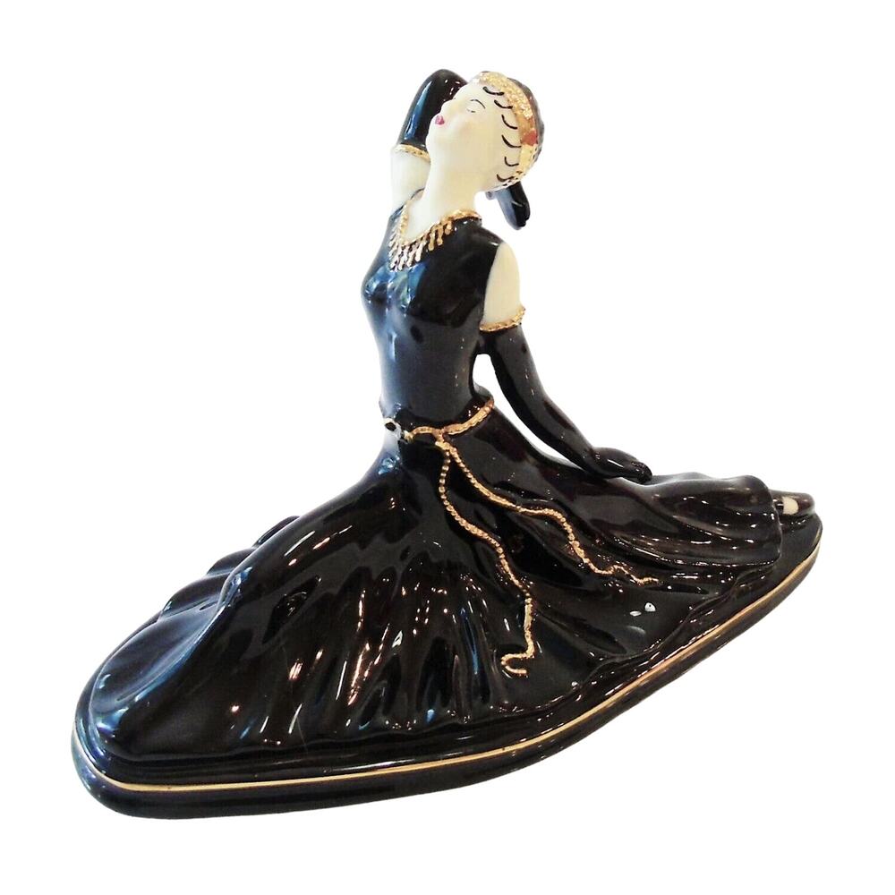 Art Deco Ballerina Figurine 9" Lady Dancer Black Porcelain 24K Gold Ballet Pose